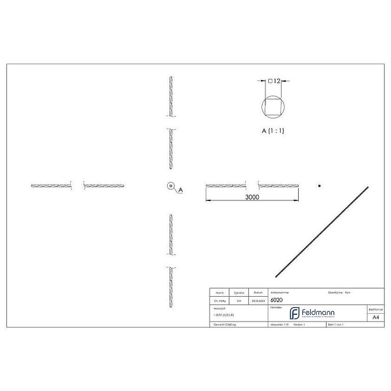 Vierkant 12x12mm, durchgehend gedreht, L: 3000mm