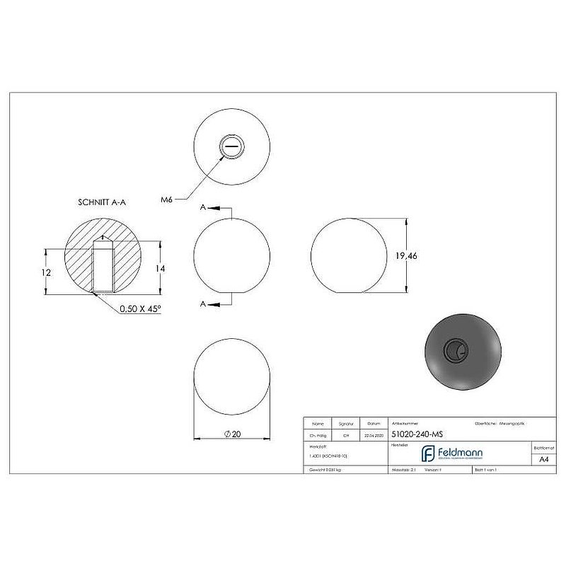 Brass ball Ø 20mm with M6