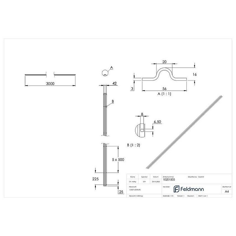 Laufschiene 20mm, L: 3000mm zum Aufschrauben