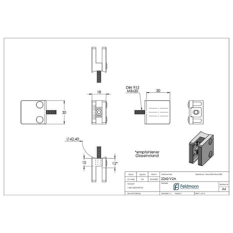 Glass clamp mod. 22, connection: 42.4mm, AISI304
