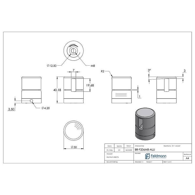 Brenk, support de base pour barreaux plats 20x6mm, ALU