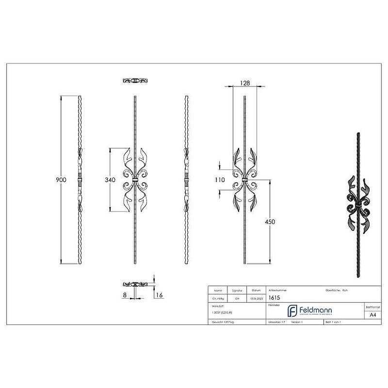 Barre d'ornement 16x8mm, martelée, H : 900mm