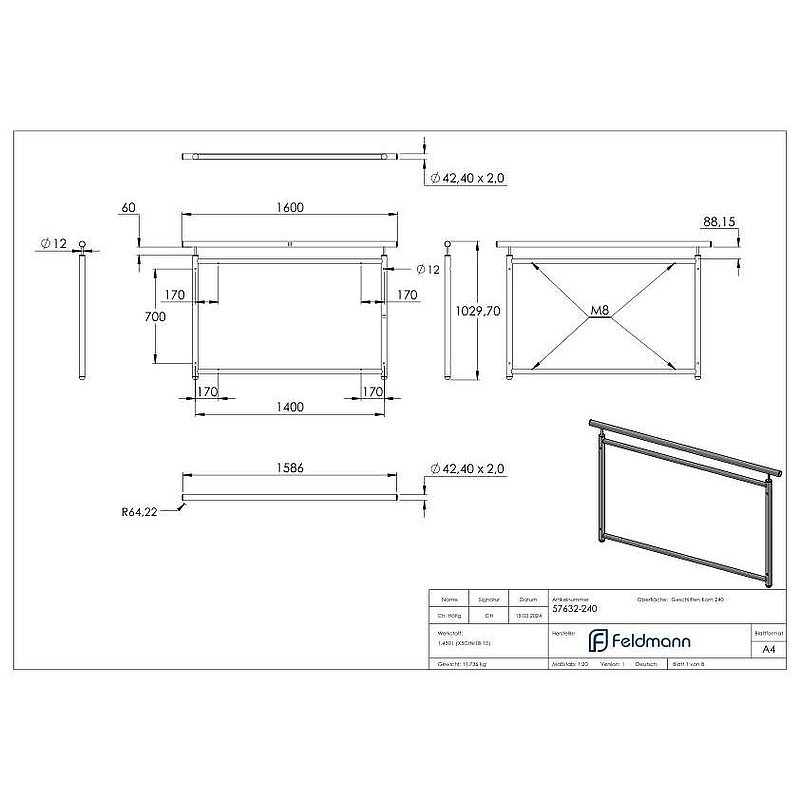 french balcony grille, straight, width: 1.4m, AISI304