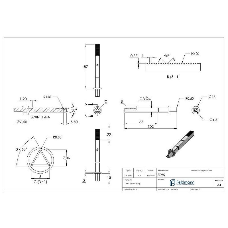 Special pin for waste compartments with triangle, AISI304