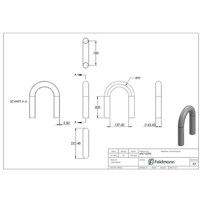 Stahl-Rohr-Bogen 180°, 42,4x2,5mm