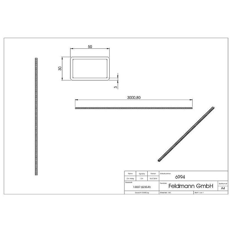 Rechteckrohr 50x30x2,5mm, L: 3000mm, gehämmert