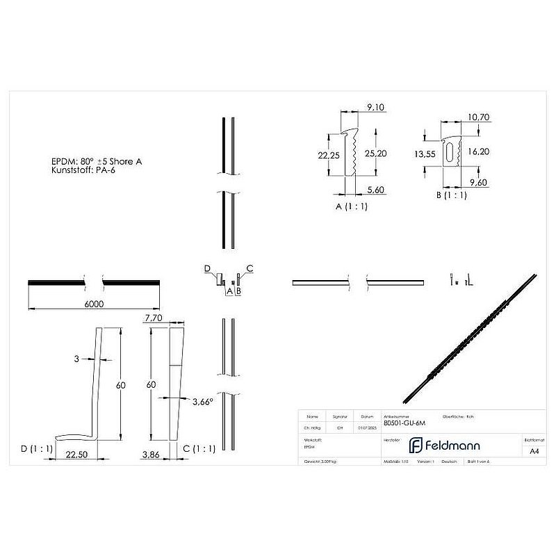 Montageset für 6m Aluprofil für Glas 16,76-17,52mm