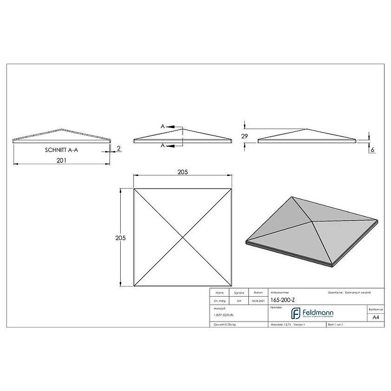 Pfeilerbedecker für Rohr 200x200mm, verzinkt