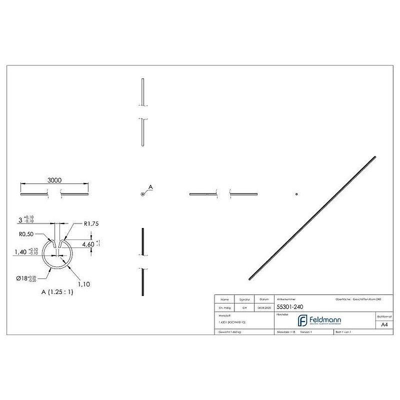 Klemmprofil, 18x1,25mm, L: 3000mm, V2A