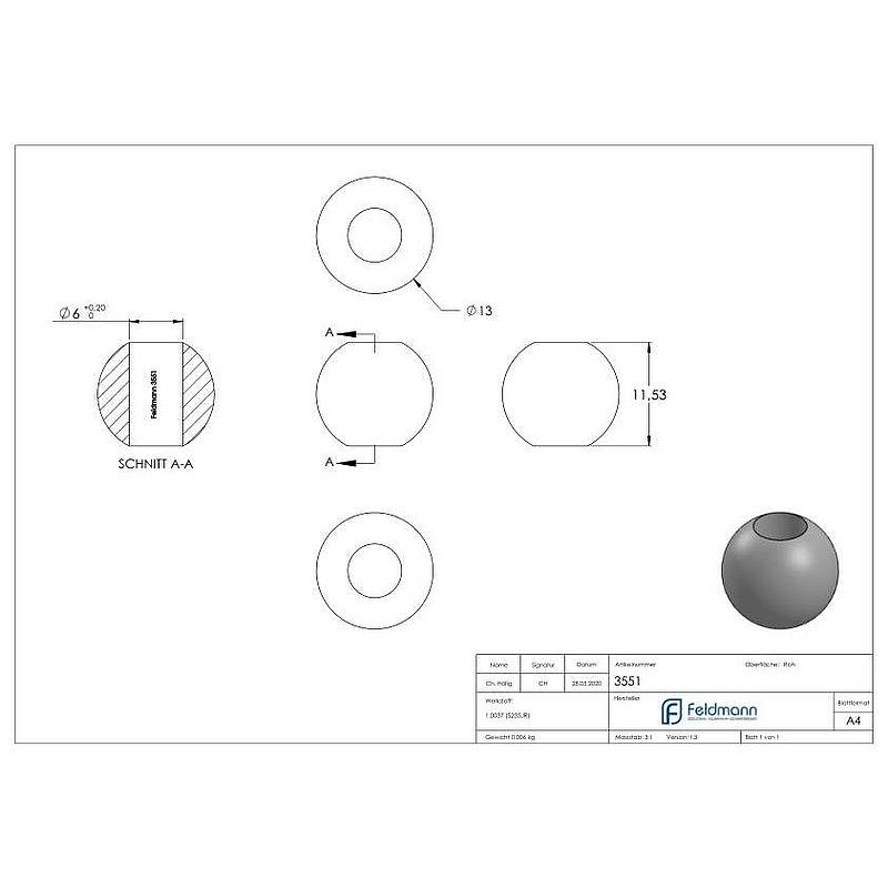 Solid ball 13mm, with through-hole 6.0mm