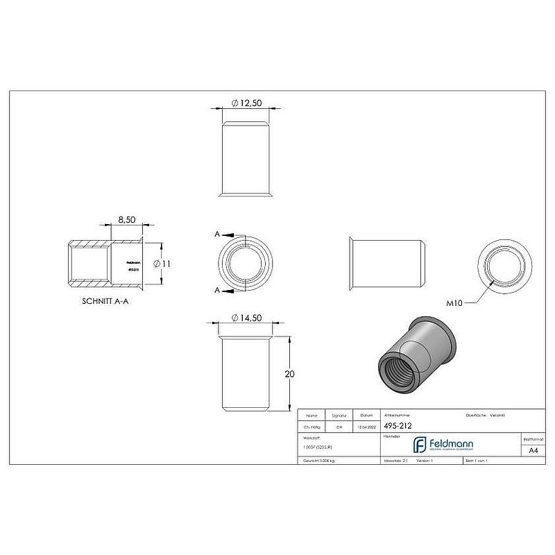 Blind-Einnietmutter, Stahl, M10/Loch 12mm, verzinkt