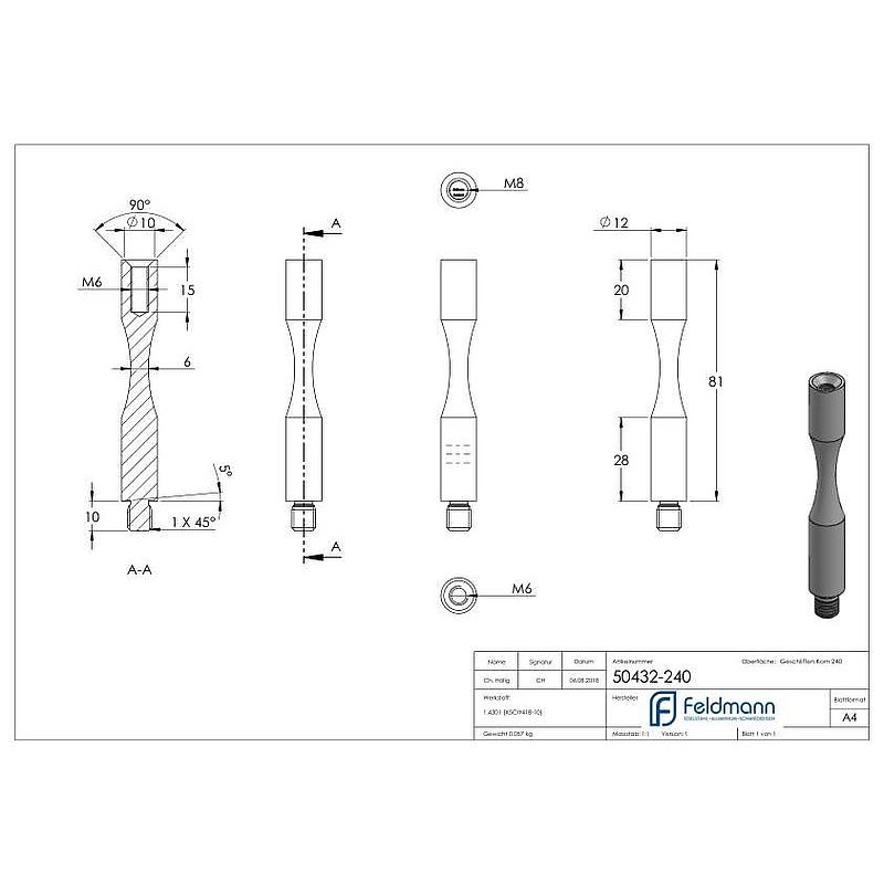 Pin Ø 12mm, L: 81mm, for bending, AISI304