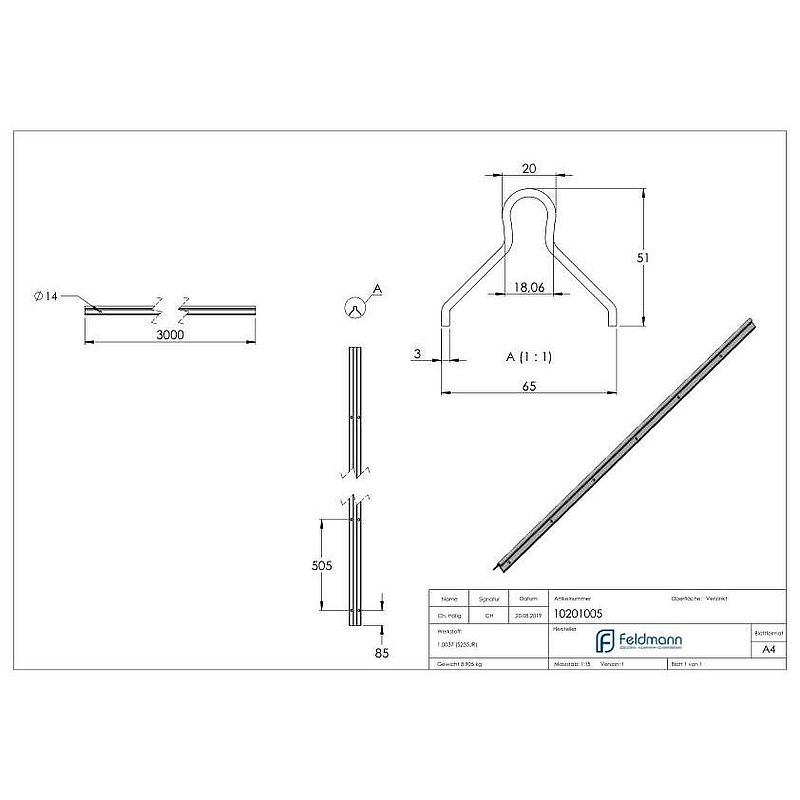 Laufschiene 20mm, L: 3000mm zum Einbetonieren