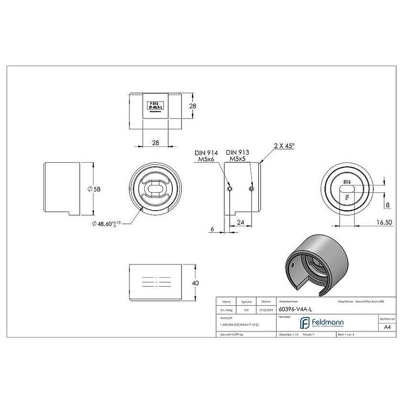 Wandbefestigung für Nutrohr 48,3mm, links, V4A