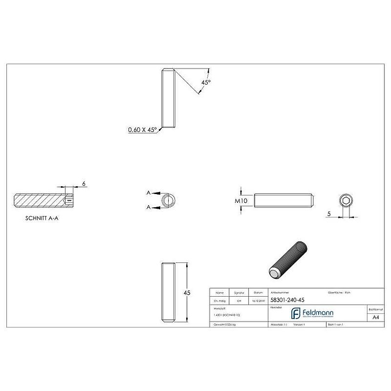 Gewindestift M10x45, V2A, DIN 913 / ISO 4026