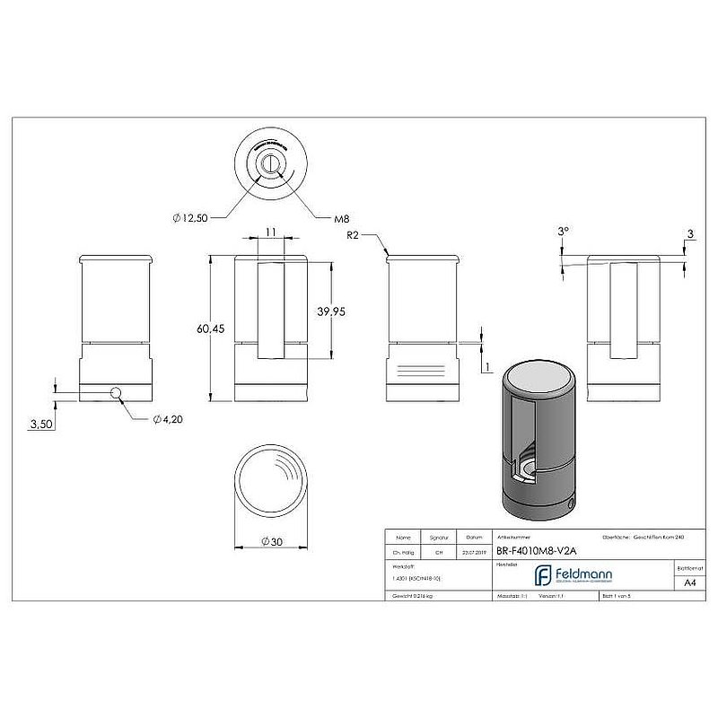 Brenk base holder for flat bars 40x10mm, AISI304