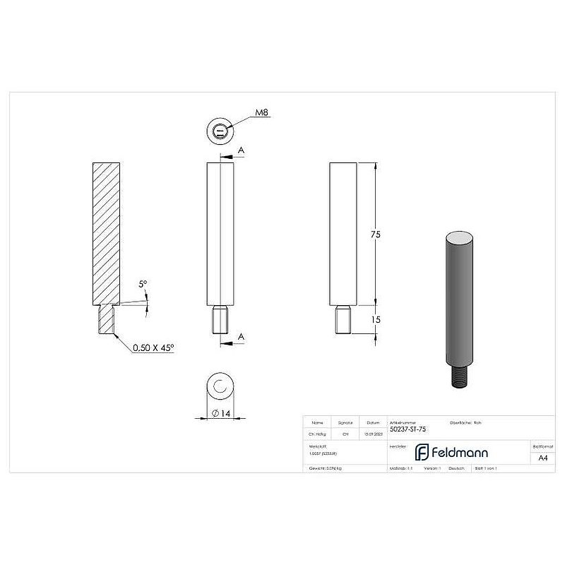 Stift 14mm, L: 75mm