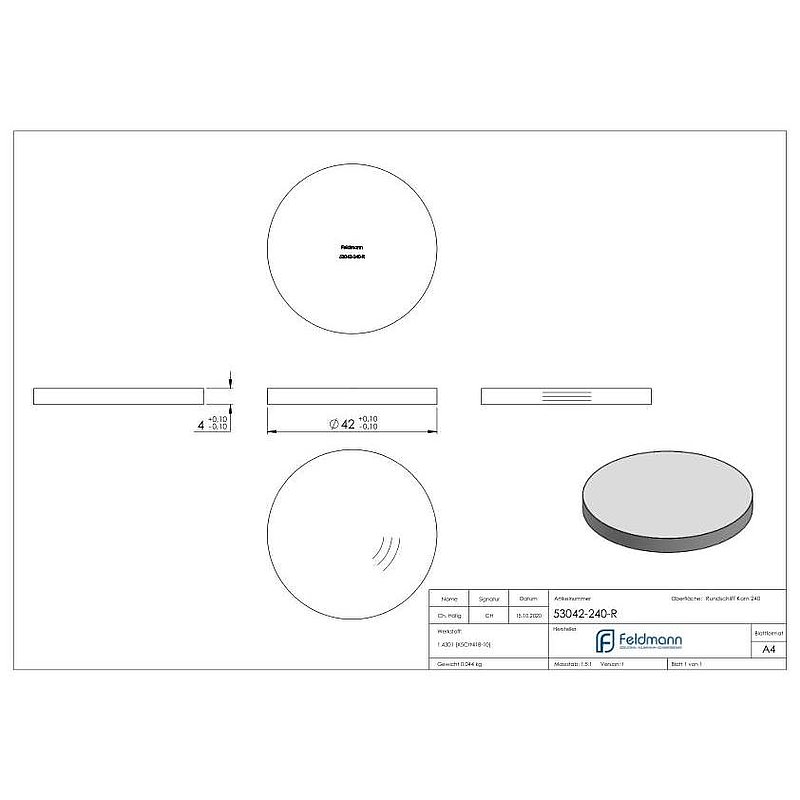 Ronde Ø 42x4mm, mit Rundschliff, V2A