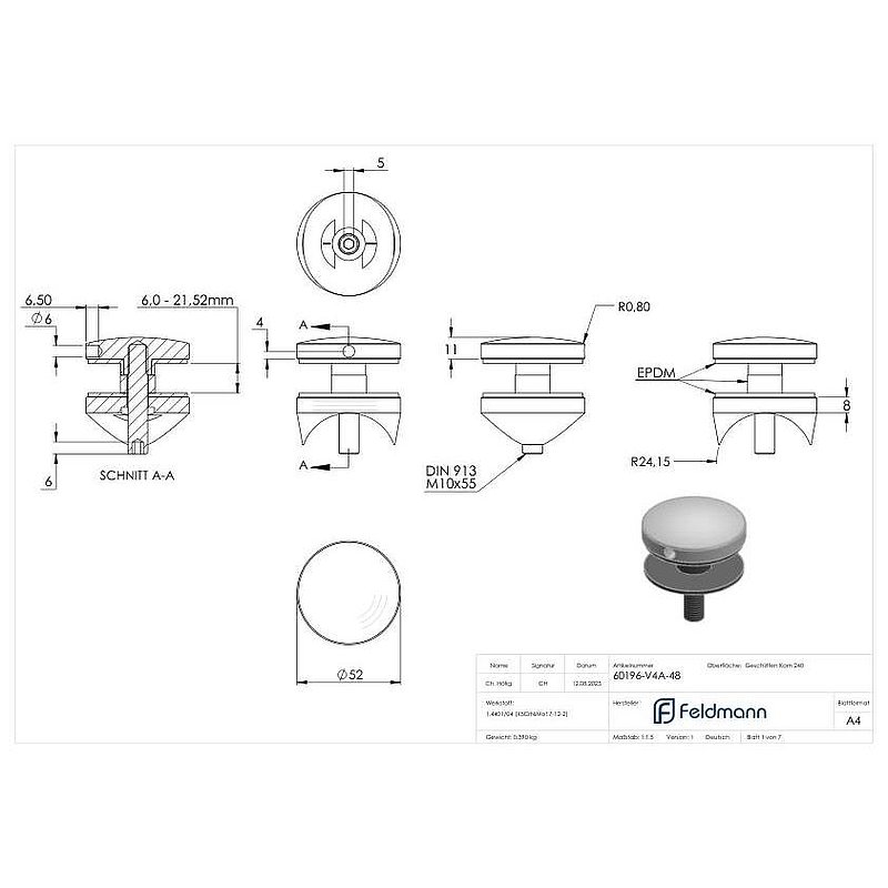 Point de fixation 52mm, jonction: 48,3mm, V4A