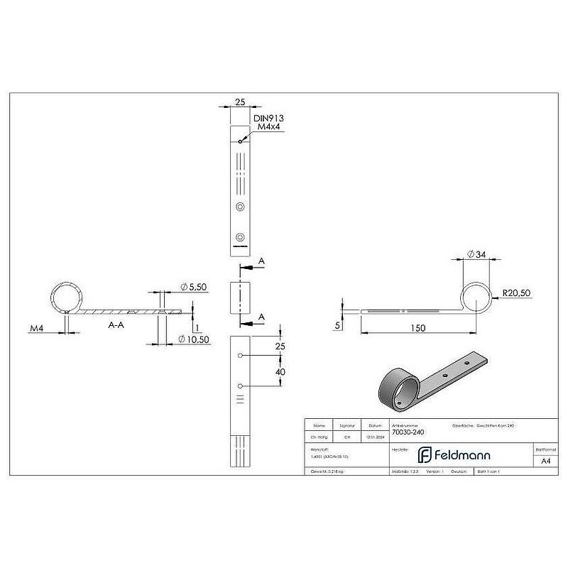 Support de main courante, pour tube Ø 33,7mm, V2A