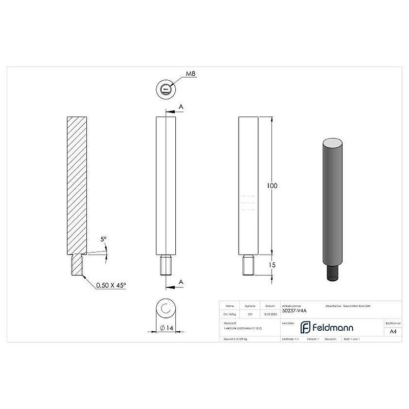 Stift Ø 14mm, L: 100mm, V4A