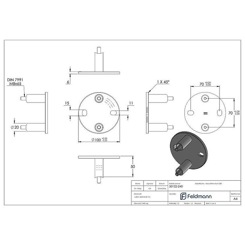 Fixation murale pour poteau de garde corps 42,4mm, V2A