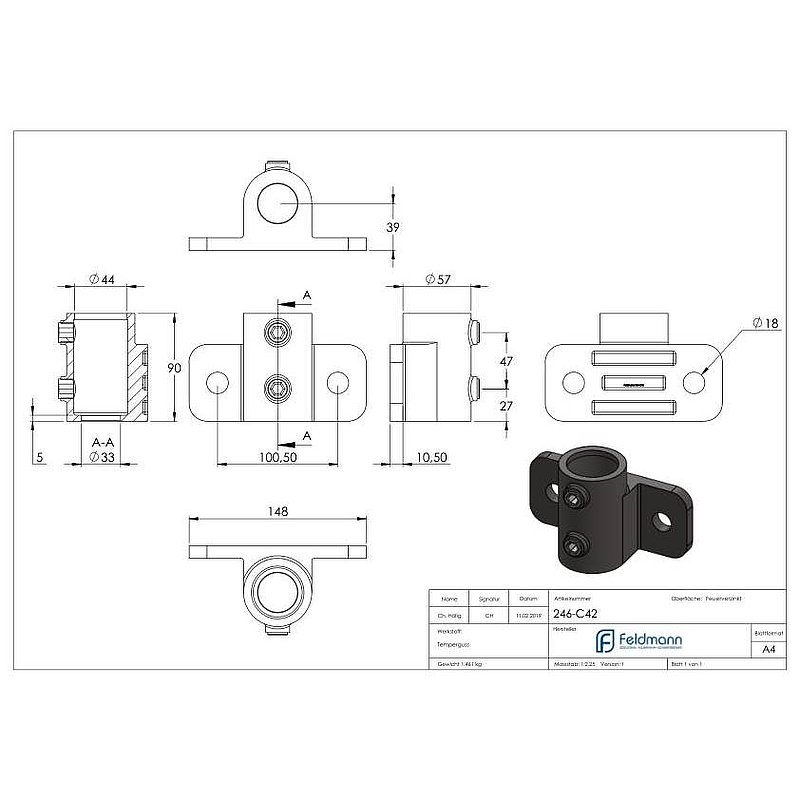 Wall bracket with 2 holes, for pipe Ø 42.4 mm