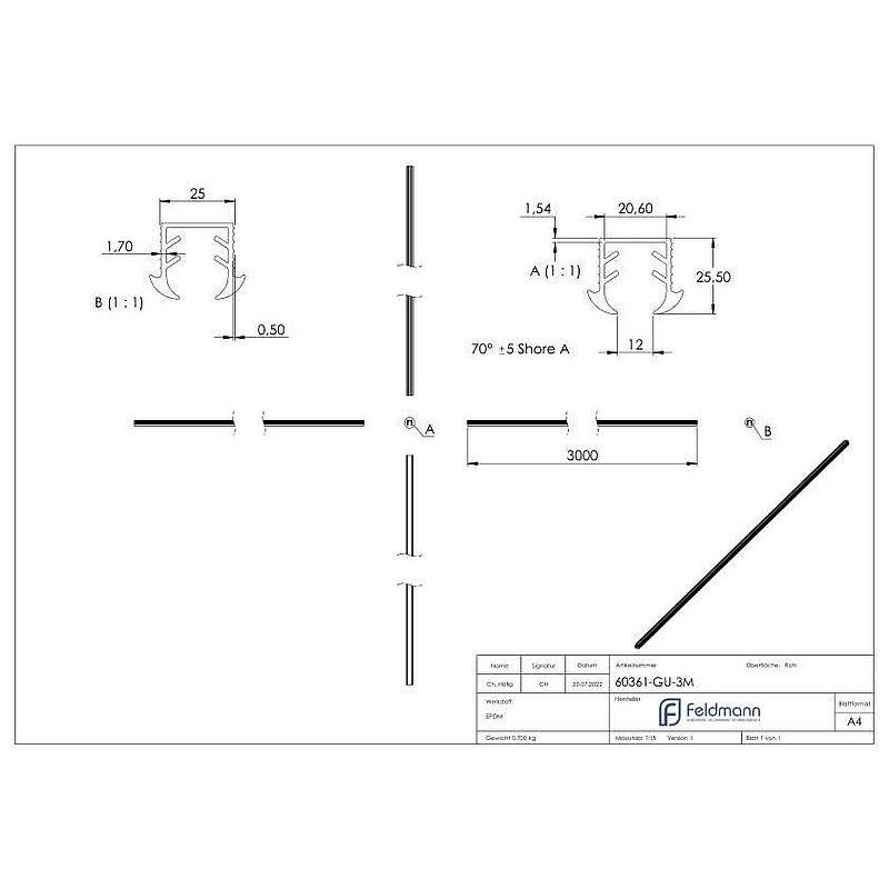 Wedge seal for glass 11.52 - 13.52mm, for groove 24x24mm, 3m