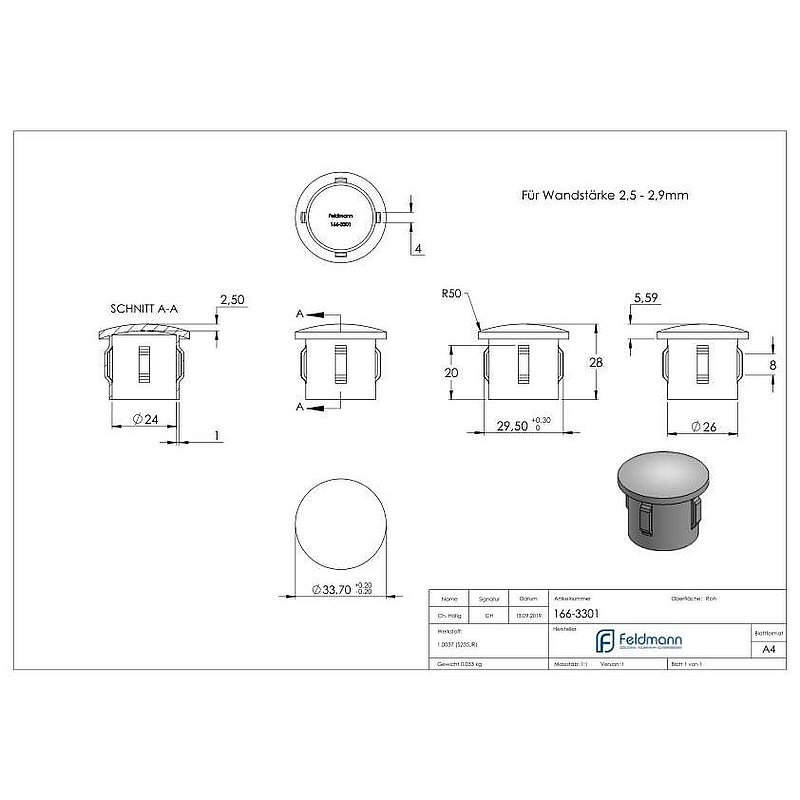 Stahleinschlagkappe, für Rohr 33,7mm