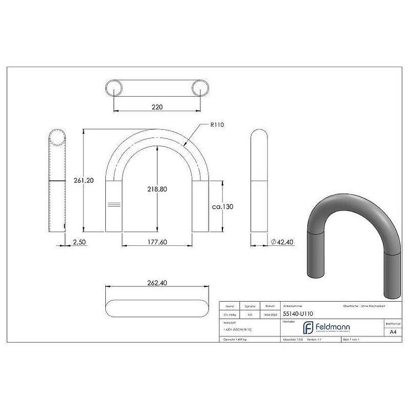 Tube bend 180°, made from 42.4x2.5mm tube, AISI304