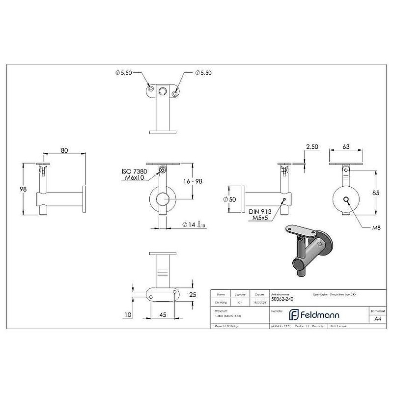Support mural de main-courante avec articulation, plaque de fixation plate, V2A