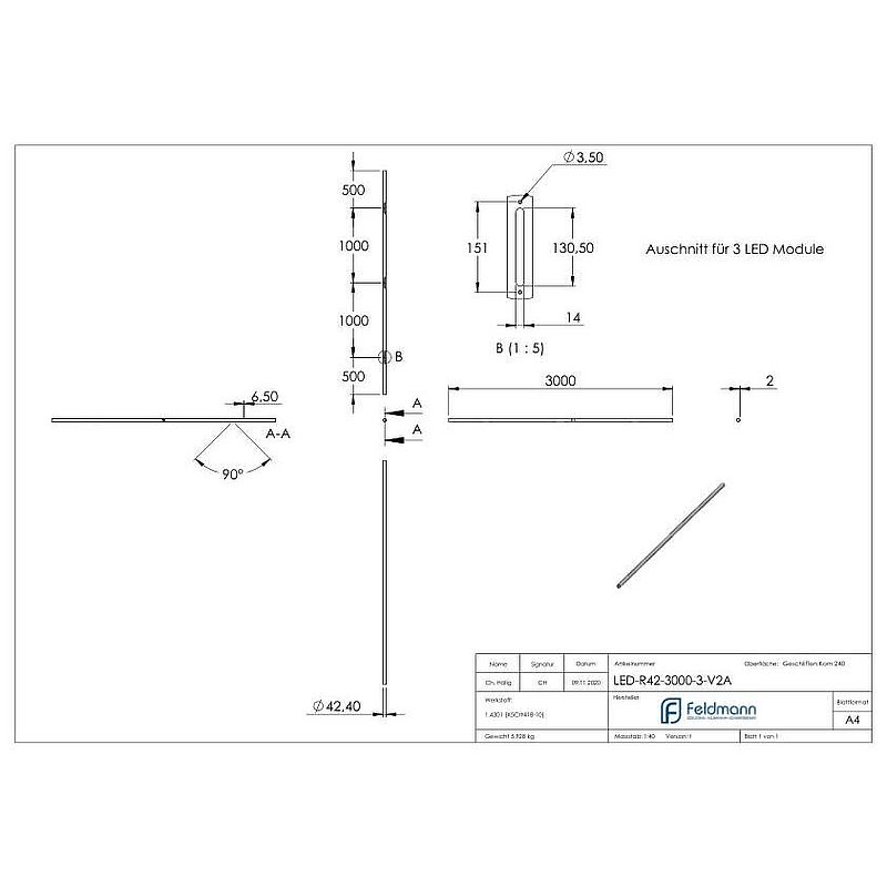Stainless steel tube 42.4x2.0mm for LED modules, AISI304