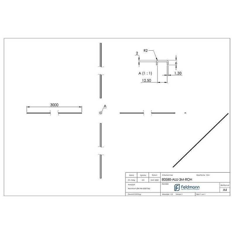 Edge protection EXTRA SLIM, for glass 10.00 - 11.52mm, L: 3000mm, raw aluminium