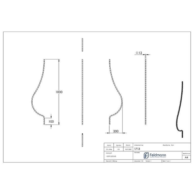 Barre galbée 12x12mm, martelée, H : 1000mm