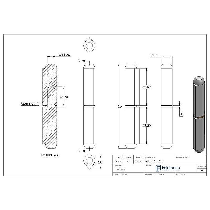 Anschweißband mit Messingring und -stift, Länge: 120mm