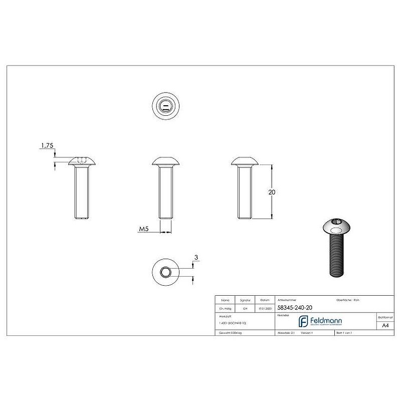 Round-head screw M5x20, AISI304, DIN 7380-1