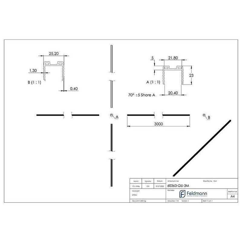 Cale caoutchouc pour verre 20,76 – 21,52mm, pour rainure 24x24mm, 3000mm