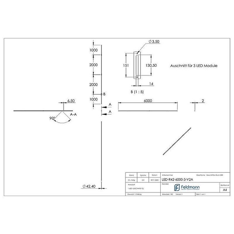 Stainless steel tube 42.4x2.0mm for LED modules, AISI304