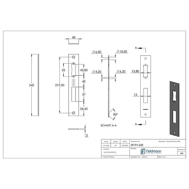 Edelstahlschließblech 242x40x3,0mm, für Abstand 92mm, V2A (1.4301)
