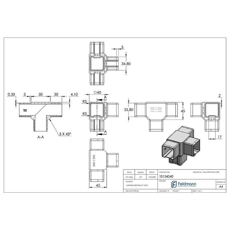 Raccord en T avec 4 sorties égales pour tube  40x40x2,0mm, V4A
