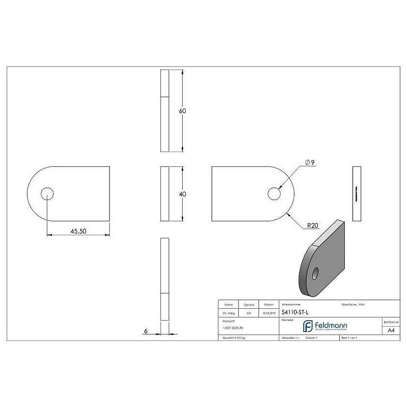 Weld-on bracket 60x40x6mm with round hole 9mm