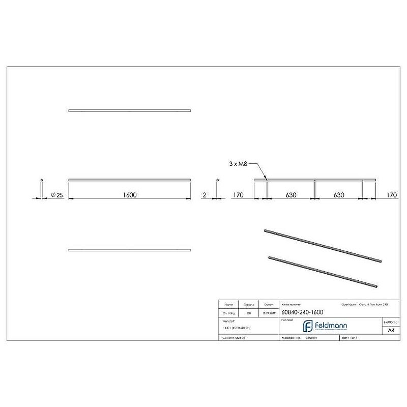 Laufschiene für Glasschiebetüren, L: 1600mm, V2A