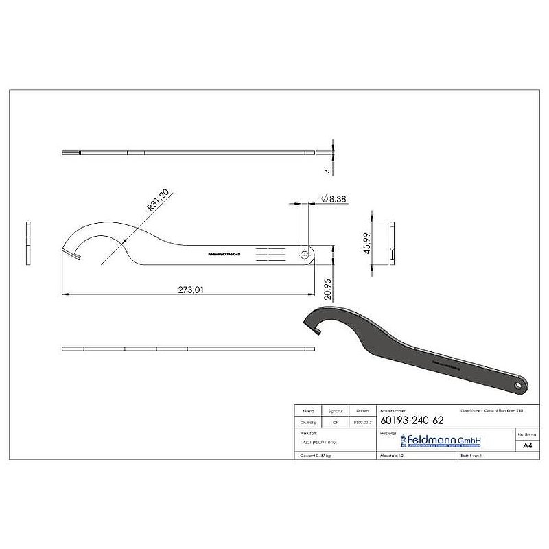 Open-end spanner for glass point holder 62mm, AISI304