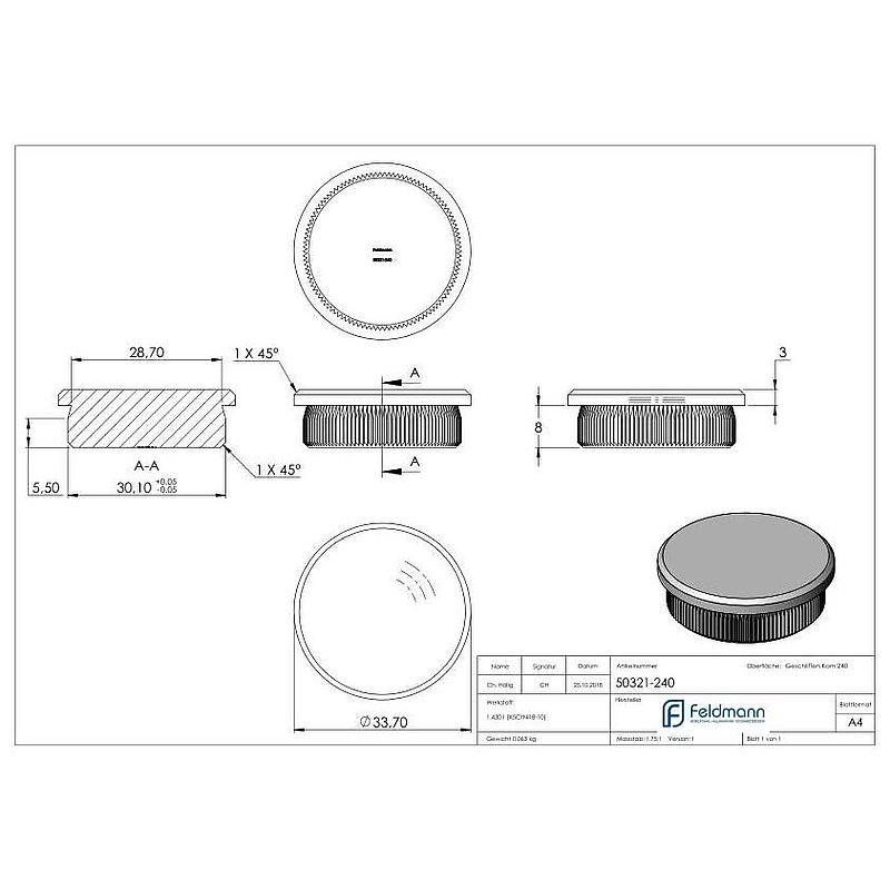 Tube end plug, for tube 33.7x2.0mm, AISI304