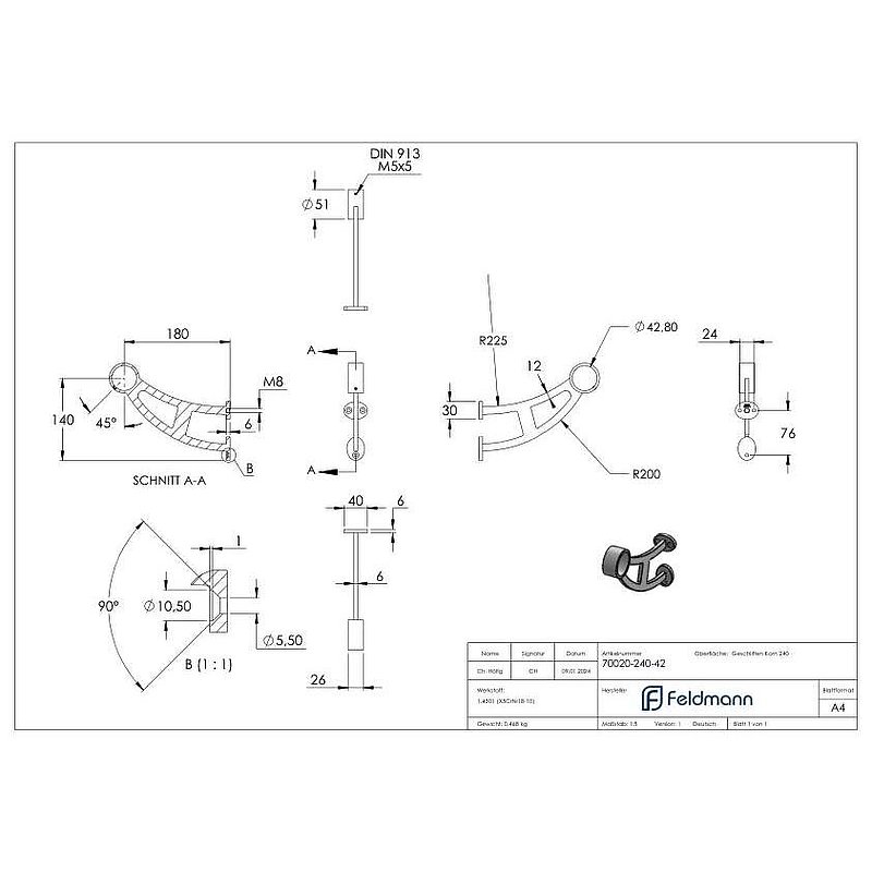 Fußlauf- / Handlaufstütze, für Rohr 42,4mm, V2A