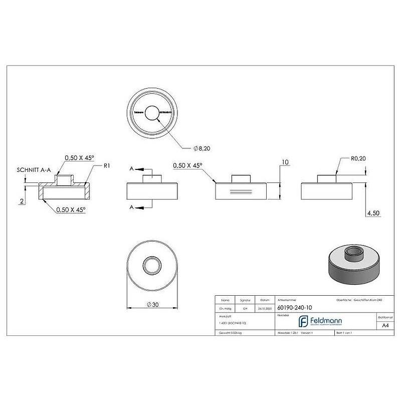 Unterteil Ø 30mm, mit Durchgangsbohrung , T: 10mm, V2A