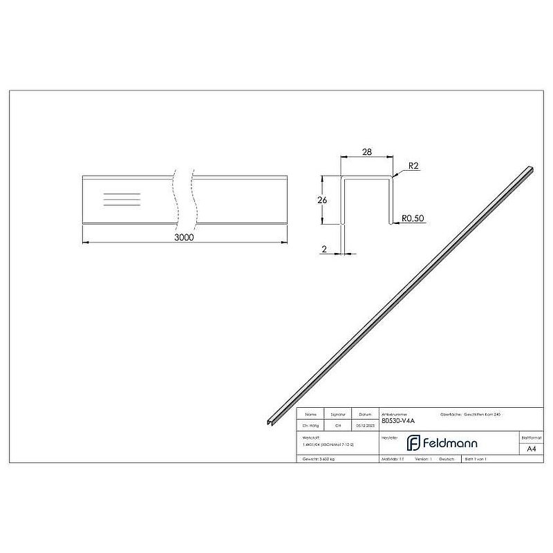 Profilé acier inoxydable en U, 28x26x2mm, L: 3000mm, V4A