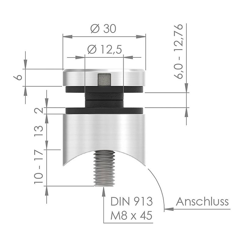 Glaspunkthalter 30mm, Anschluss: 42,4mm, V4A