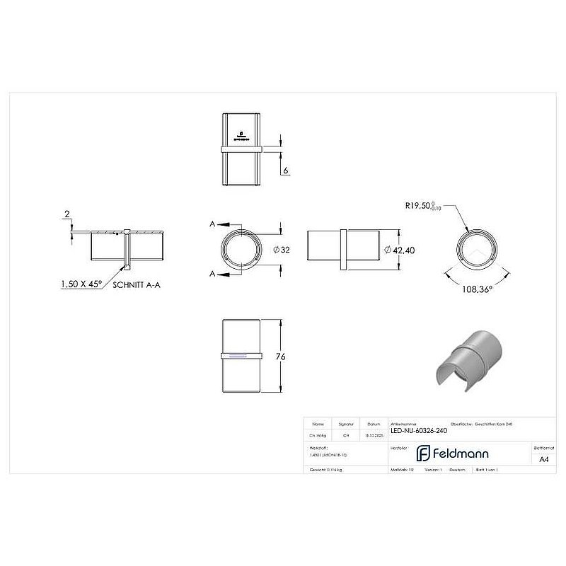 Raccord de tube pour tube à rainure LED 42,4mm, V2A