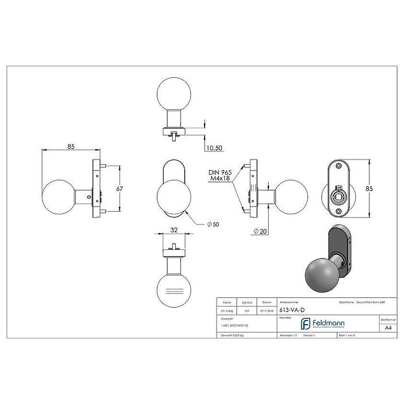 Bouton de porte, Ø 50mm, pivotant, V2A